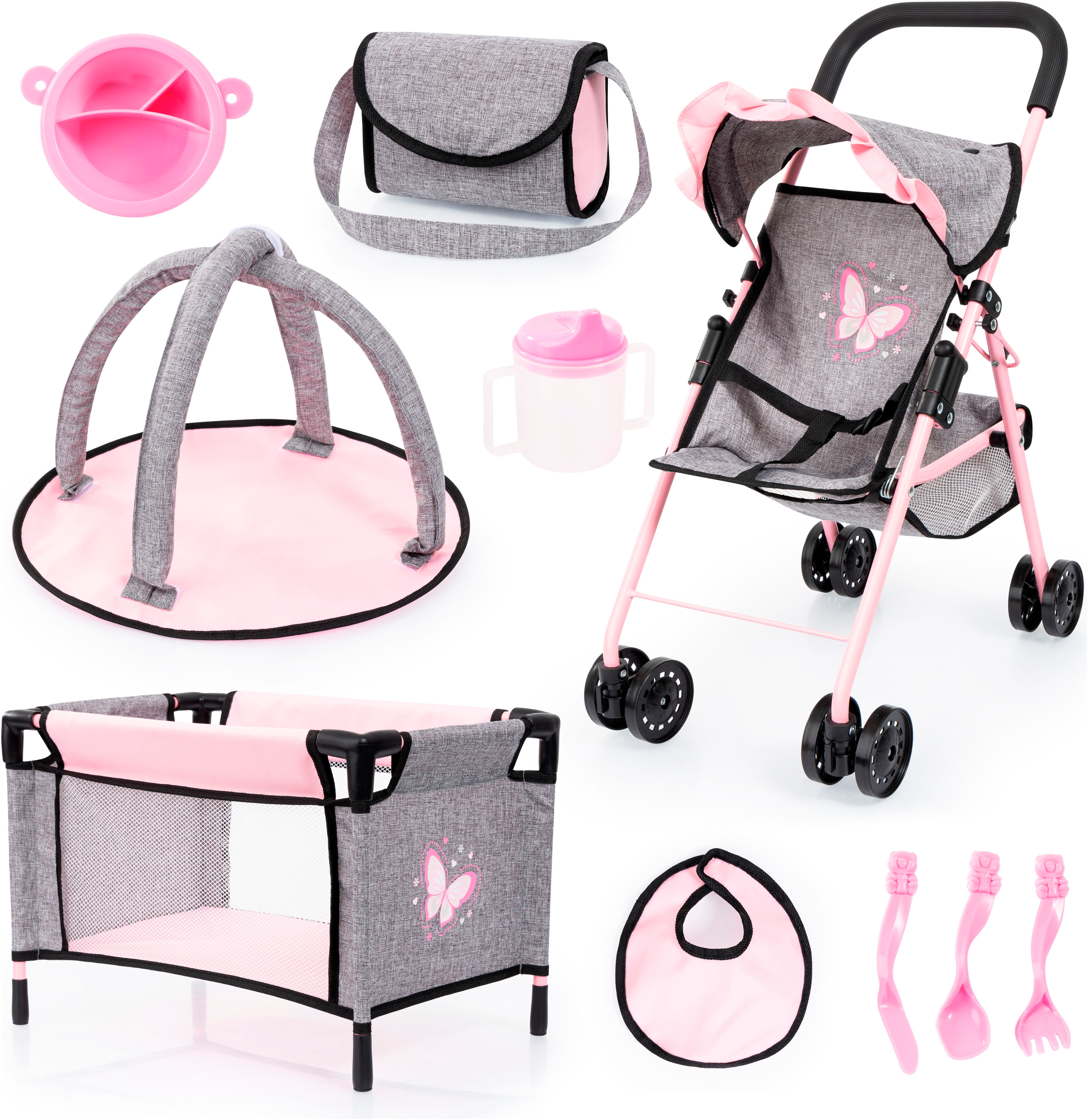 Puppenbuggy BAYER "Set mit Reisebett", rosa (grau, rosa schmetterling), Puppenwagen, KinderB:43cm H:52cm T:26,5cm, B:43cm H:52cm T:26,5cm