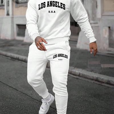 TEMU 2pcs Men's Casual Polyester Sweatsuit Set, Los Angeles Usa Print, Loose Fit, With Crew Neck Sweatshirt And Joggers, Stretch Fabric, For Fall/winter Lounge Wear Image