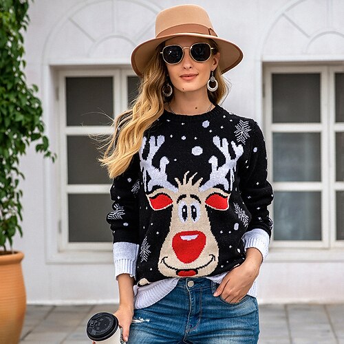 Pull de Noël moche Pull Cavalier Mode Occasionnel Noël Renne Rodolphe Manche Évêque Drôle pour Femmes Adulte Non-imprimable pour Noël Carnaval Soirée Décontracté Quotidien Festival