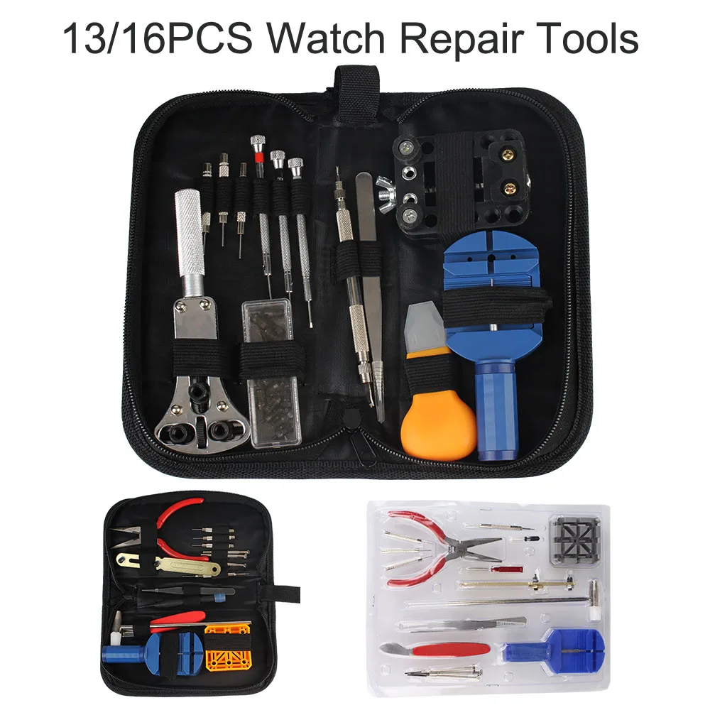 Outils d'horloger dissolvant de goupille de lien de montre 13/16 pièces ensemble Kit d'outils de réparation de montre ensemble d'outils à main dissolvant de barre à ressort ouvre-boîtier