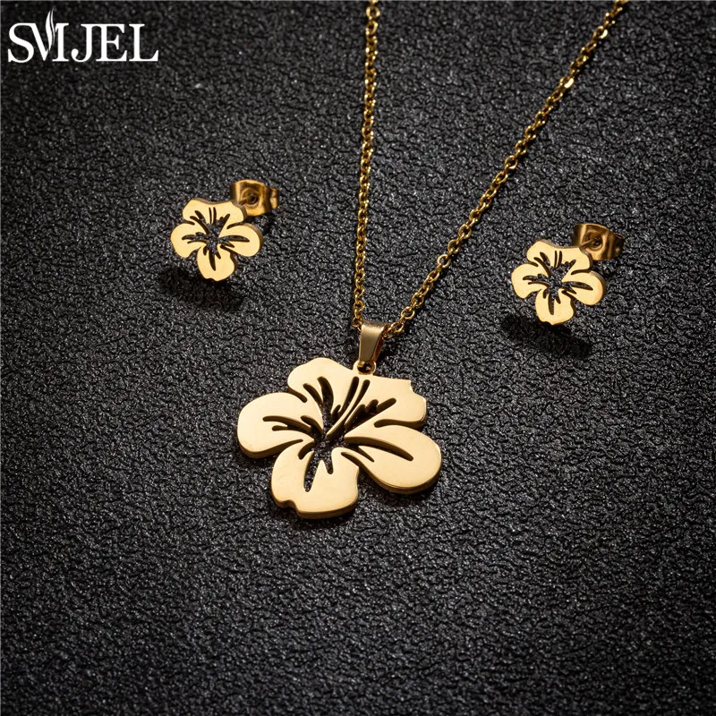SMJEL – collier fleur de lys en acier inoxydable pour femmes et filles, ensemble de bijoux dorés, boucles d