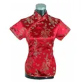 Camicia estiva da donna rossa a maniche corte Top T-shirt tradizionale in raso di seta da donna