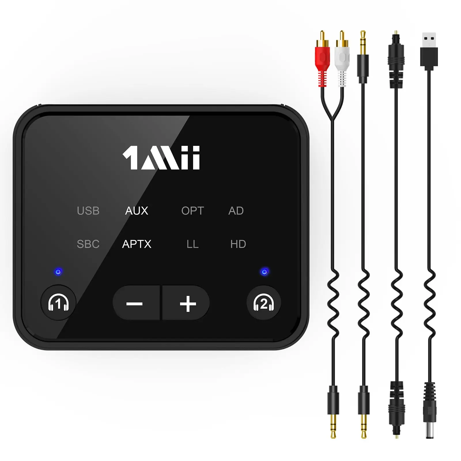 Trasmettitore Bluetooth 5.3 1Mii-B06T6 per TV a 2 cuffie wireless, adattatore Bluetooth, aptaX LL e HD, ingressi audio ottici/AUX/RCA