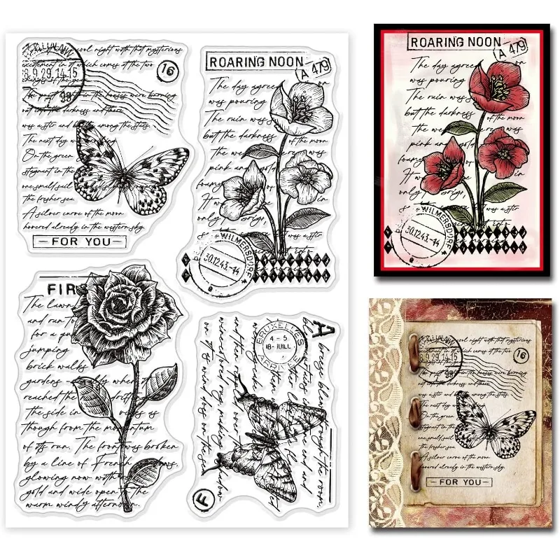 1 Blatt Vintage Floral Clear Stamp Art Words Transparenter Silikonstempel Schmetterling Rose Stempel für Scrapbook Journal Card Image