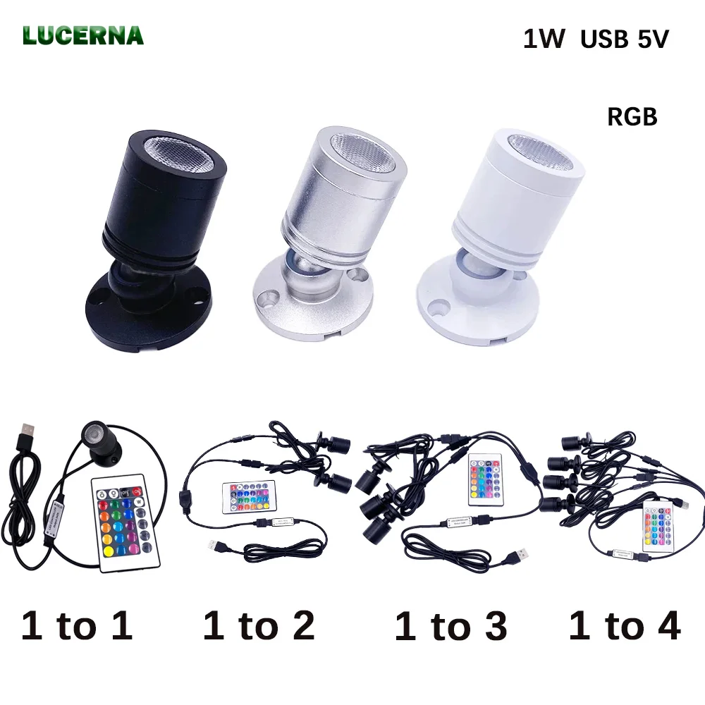 RGB Mini LED-Strahler 360 ° Schwenkbarer Mini-Deckenspot 1W Dimmbar Vitrinenscheinwerfer mit Schaltern 5V USB Schaltbar