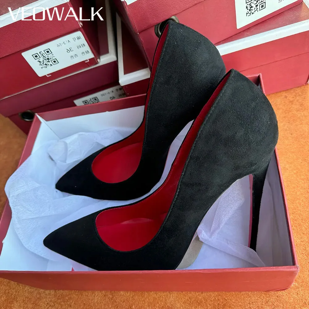 Veowalk Anpassen Schwarz Flock Frauen Sexy Rot Spitze Zehen High Heel Schuhe Elegante OL Dame Arbeit Stiletto Party Pumpen 8 cm 10 cm 12 cm