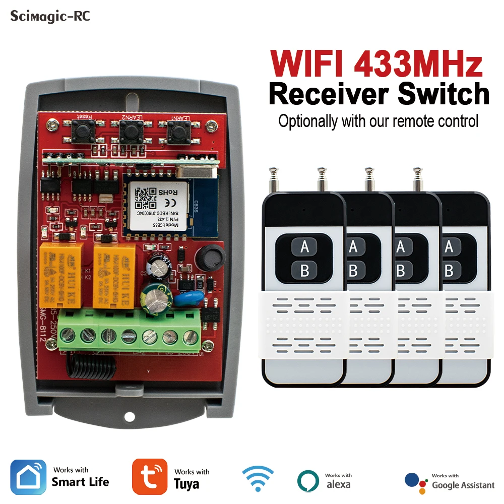 Universal Wifi Empfänger Tuya Smart Switch AC 220V DC 7-32V 12V 2CH Relais Controller & 433,92 MHz Sender Für Garage Tür Tor Image