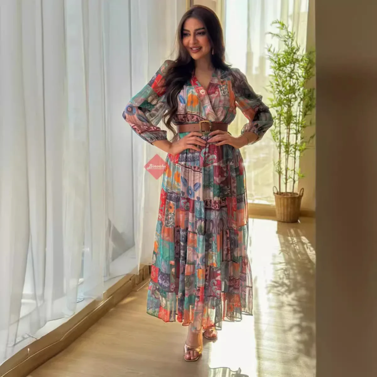 Damen Blumen bedruckte Kleider Frauen drucken muslimischen Gebet muslimischen Kleid Abaya Kaftan mit voller Länge Kleid lässig bescheiden Image