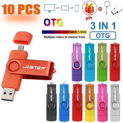 JASTER 10 STÜCK LOS Pen Drive 128 GB 3 IN 1 Memoria USB 64 GB Schlüsselanhänger USB-Flash-Laufwerk 32 GB Kostenloser Typ-C-Adapter Memory Stick Geschenk Image