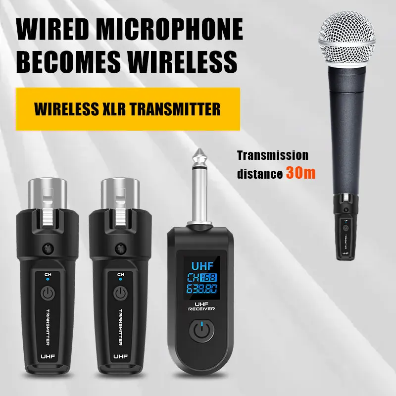 Sistema adattatore UHF XLR Sistema ricevitore trasmettitore microfono wireless per microfono dinamico Sistema PA mixer audio per chitarra