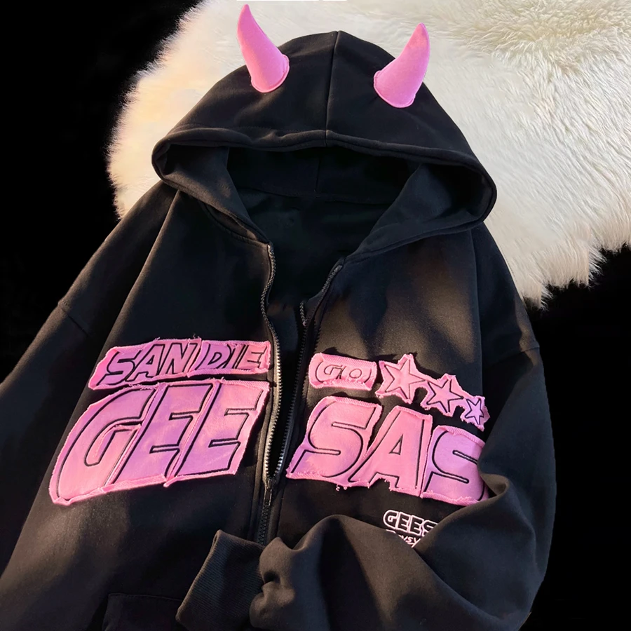 Herren Dämon Horn Print Reiß verschluss Hoodie Sweatshirt y2k Hip Hop rosa niedlichen Stern Teufel Stickerei Streetwear Harajuku Pullover Harajuku