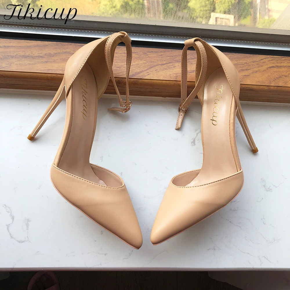 Tikicup Nude Matte Frauen Ankle Strap Sommer Hohe Ferse Schuhe Bequem Spitze Zehen D'Orsay Stiletto Pumpen Plus Größe 43 44 45