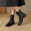 NEUE Herbst Frauen Schuhe Karree Blockabsatz Stiefel Split Leder Schuhe für Frauen High Heel Stiefeletten Lace-up Designer Stiefel