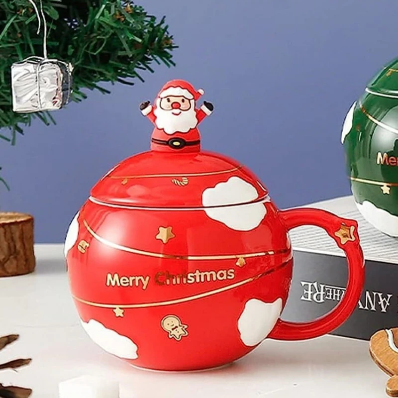 Kreative Karikatur Weihnachts mann kugelförmige Wasser Tasse mit Deckel Löffel Becher blau/rot Haushalt große Kapazität Keramik Tasse Weihnachts becher Image
