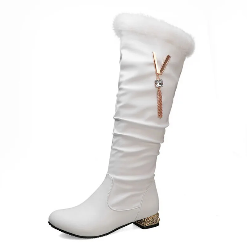 Winter Frauen Stiefel Weiß Faux Pelz Kniehohe Stiefel Strass Benutzerdefinierte Lange Stiefel Low Heels Botas Mujer Warme Frauen Schuhe WSH4934