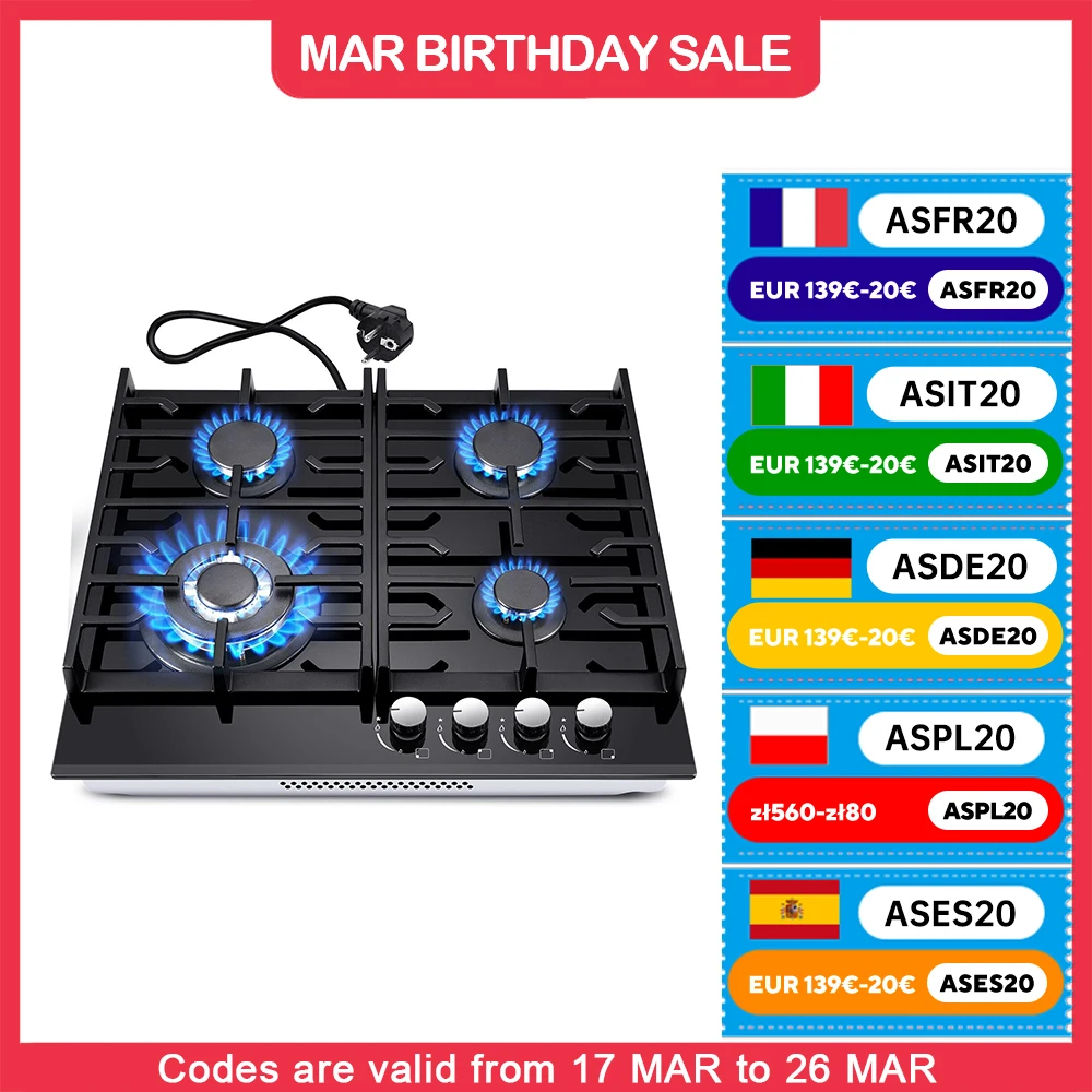 TopStrong 4-Plug-Glaskeramik-Einbauherd Erdgas Propanga Gaskochfeld EUGCT-B04 Image