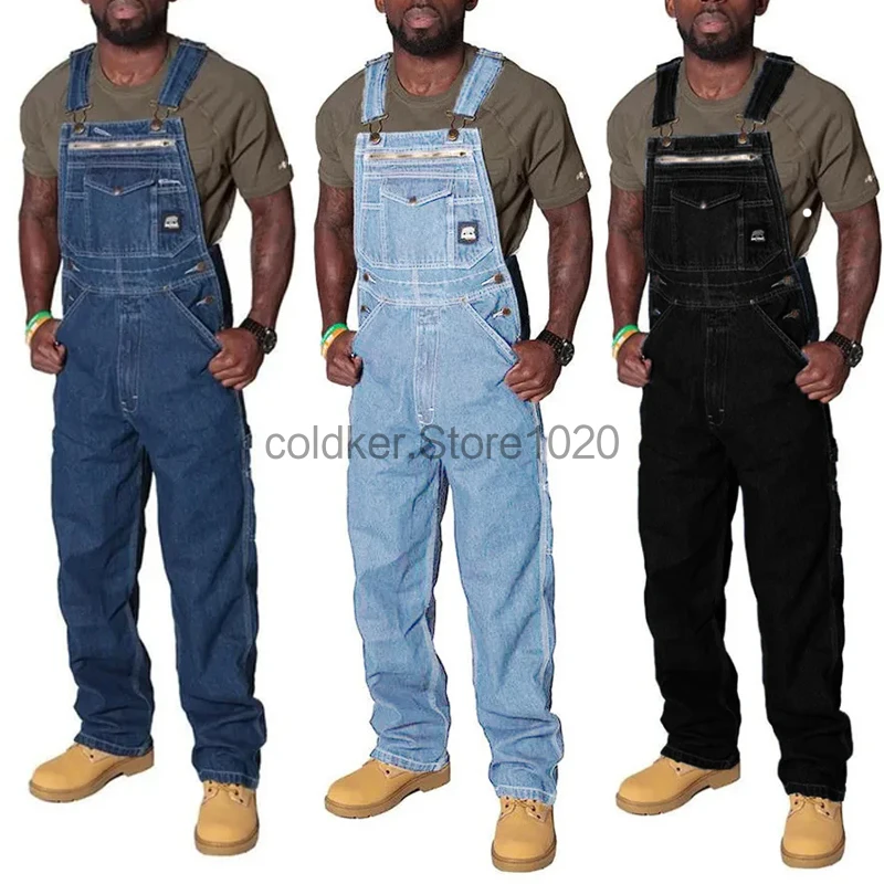 2024 männer Denim Cargo Hosen Blau Multi Tasche Overall Solide Sommer Mode Splice Gerade Strampler Männer Casual Streetwear