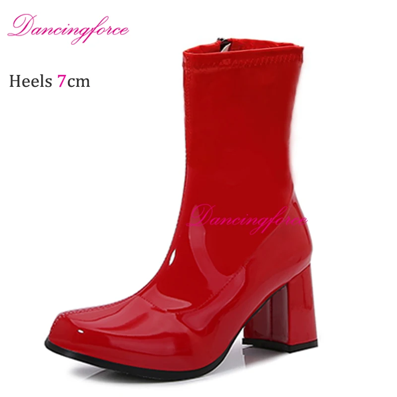 Neue Patent kostüme 60er 70er Jahre Gogo Stiefeletten für Frauen lässig elegante kurze Schuhe rot weiß Frauen Party Schuhe 46