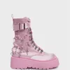 Y2k rosa Satin Perlen Kette Stiefeletten Dame süße Highten Schuhe runde Zehen Schnürstiefel Luxus