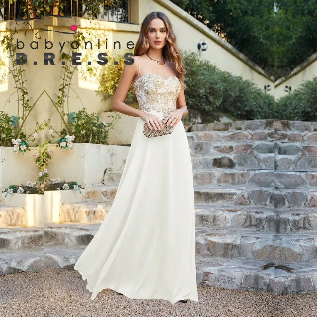 Baby online Boho Hochzeits kleider Illusion Schatz Gold Applikationen Mieder elegantes Kleid Chiffon A-Linie Rock Meerjungfrau Brautkleider Image