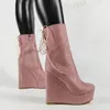 LAIGZEM Frauen Stiefeletten Runde Kappe Keile Seite Zip Booties Faux Sude Höhe Erhöhen Damen Schuhe Frau Große Größe 41 44 47 50 52