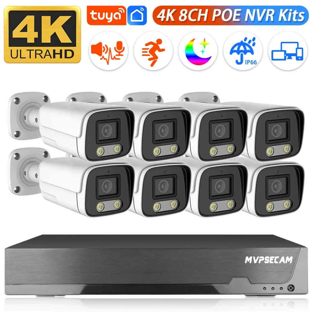 Tuya app 8CH 4K 8MP POE Sicherheit Kamera System Zwei-wege Audio 8MP NVR Kit CCTV Outdoor IP Kamera H.265 P2P Video Überwachung Set Image