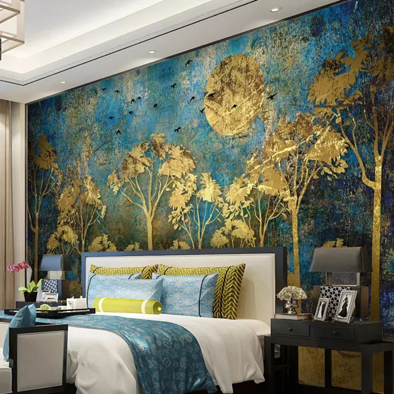Benutzer definierte Wandmalerei chinesischen Stil abstrakte goldene Wald Baum Vogel Hirsch Foto Tapete Wohnzimmer Schlafzimmer Kunst Wand dekoration