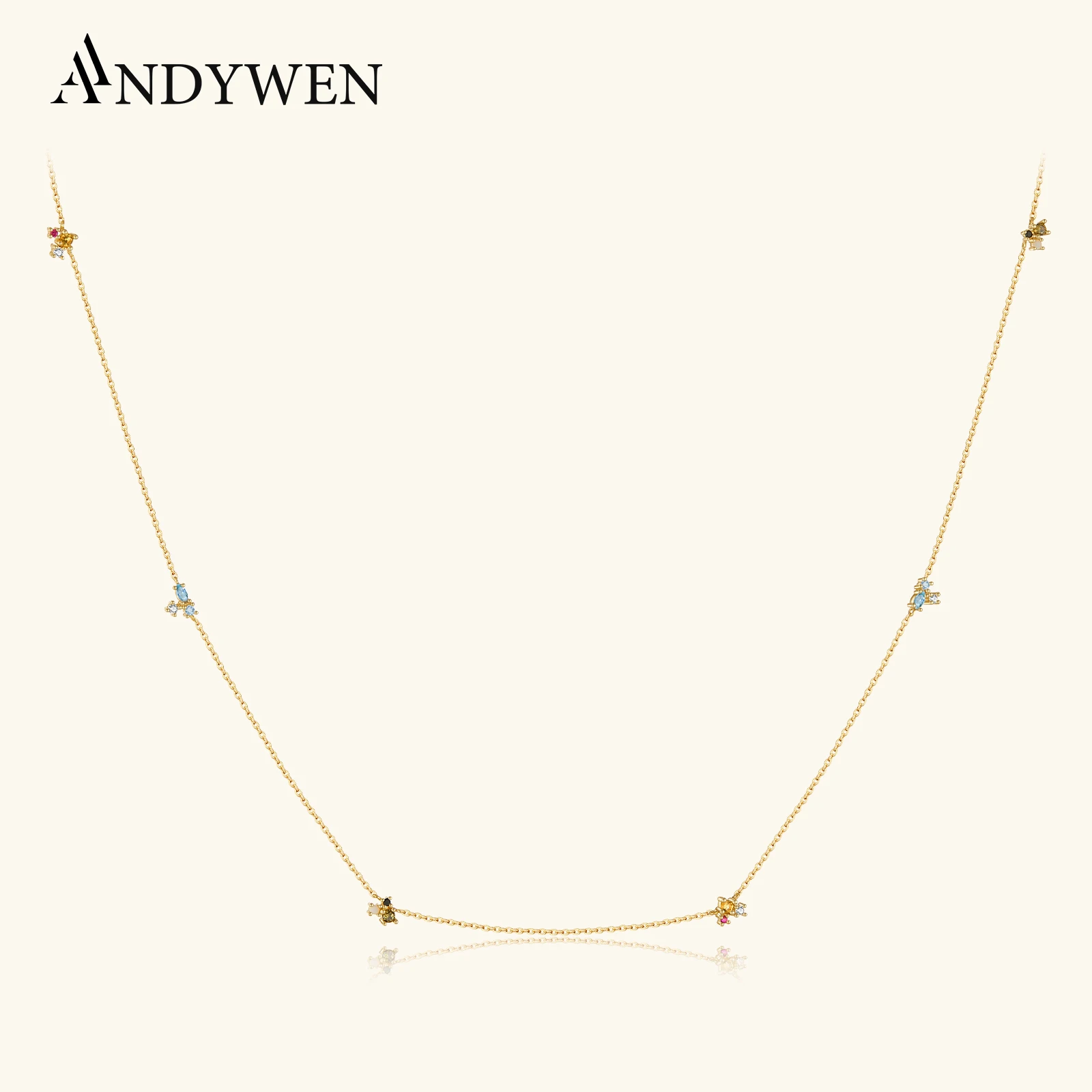 ANDYWEN 925 Sterling Silber Gold Olivgelb Champagner Drei Zirkon Charms Lange Ketten Halsband Halskette 2021 Rock Punk Kristall