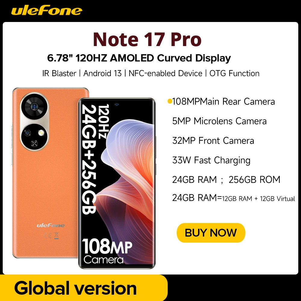 Ulefone note 17 pro smartphone 6.78 "120hz amoled gebogenes display 24gb 256gb 108mp kamera android 13 5050mah globale version Image