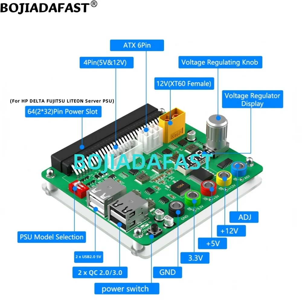 64-Pin-Anschluss-Breakout-Board mit 4 x USB 2.0 Molex ATX 6PIN XT60 Anschlüssen für HP DELTA FUJITSU LITEON Server-Netzteile Image