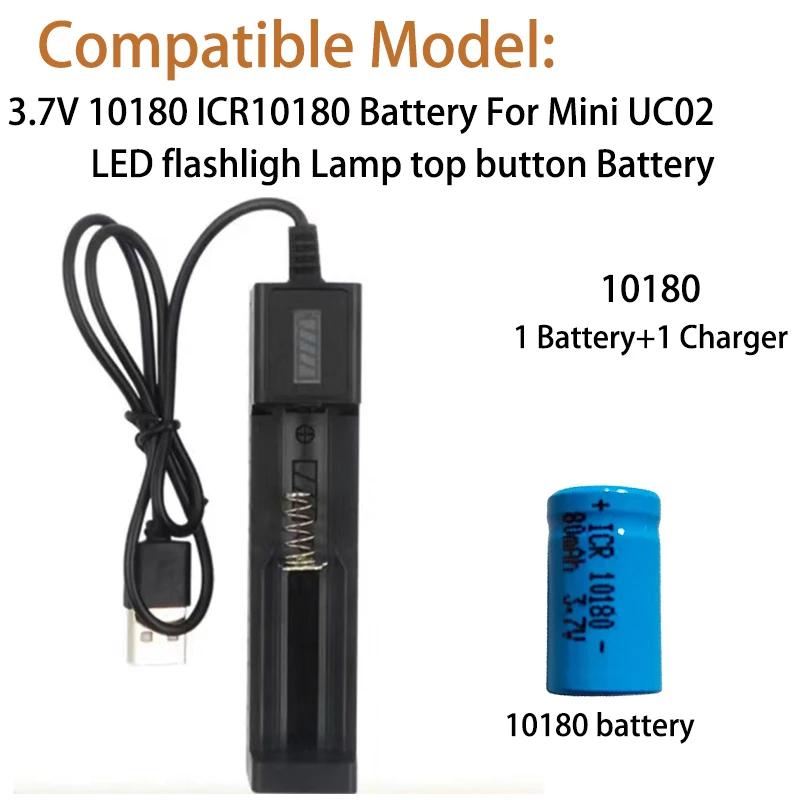 3,7 V 10180 wiederaufladbarer Li-Ionen-Akku ICR10180 Zelle 80 mAh für Mini UC02 LED-Taschenlampe und Lautsprecher (Akku + Ladegerät) Image