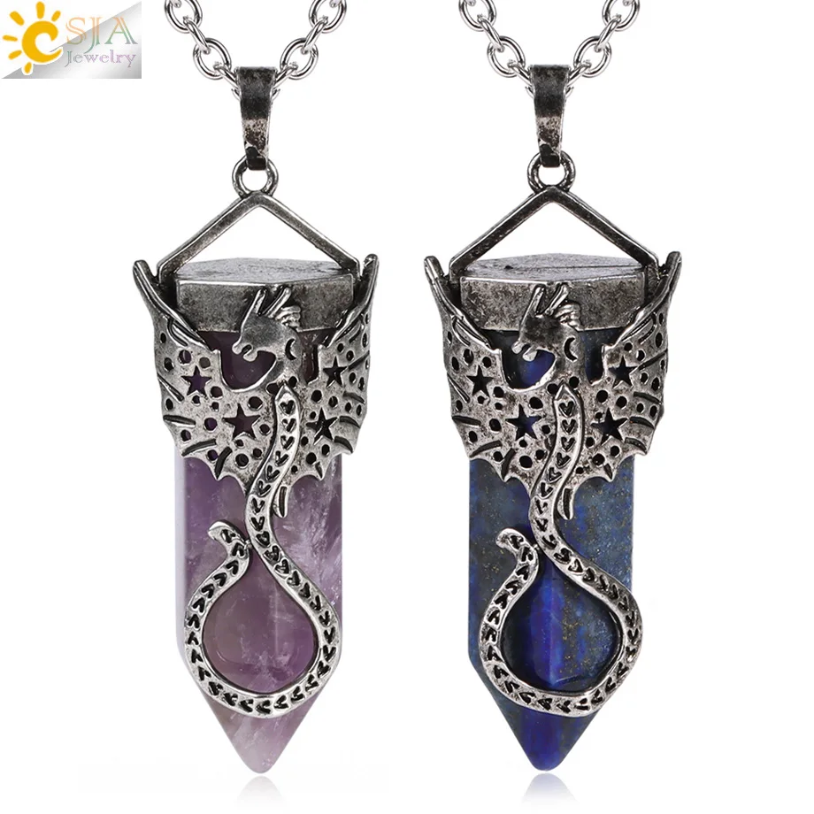 Csja Quarz Drachen Mann Halskette Edelstein Heil kristall sechseckigen Anhänger weißen Kristall Amethyste Tier Vintage Schmuck h515 Image