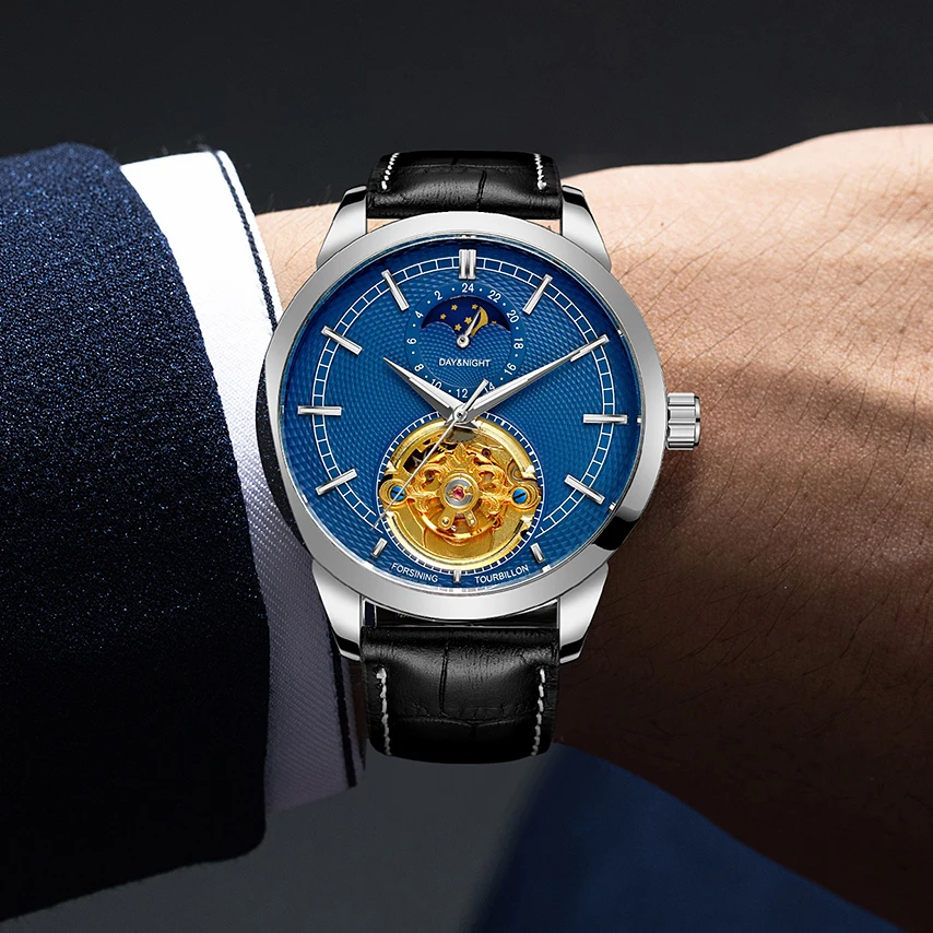 FORSINING Luxus Marken Mond Phase Tourbillon Automatische Bewegung Mechanische Business herren Uhren Wasserdichte Leder Männliche Uhr Image