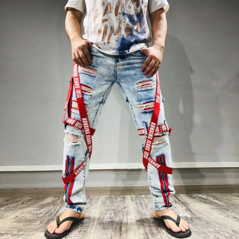 2022 Vibe Stil Patch Riemen Loch Ripped Punk Männer Dünne Jeans Hosen Zipper Hip Hop Vintage Bleistift Denim Hosen Pantalon homme