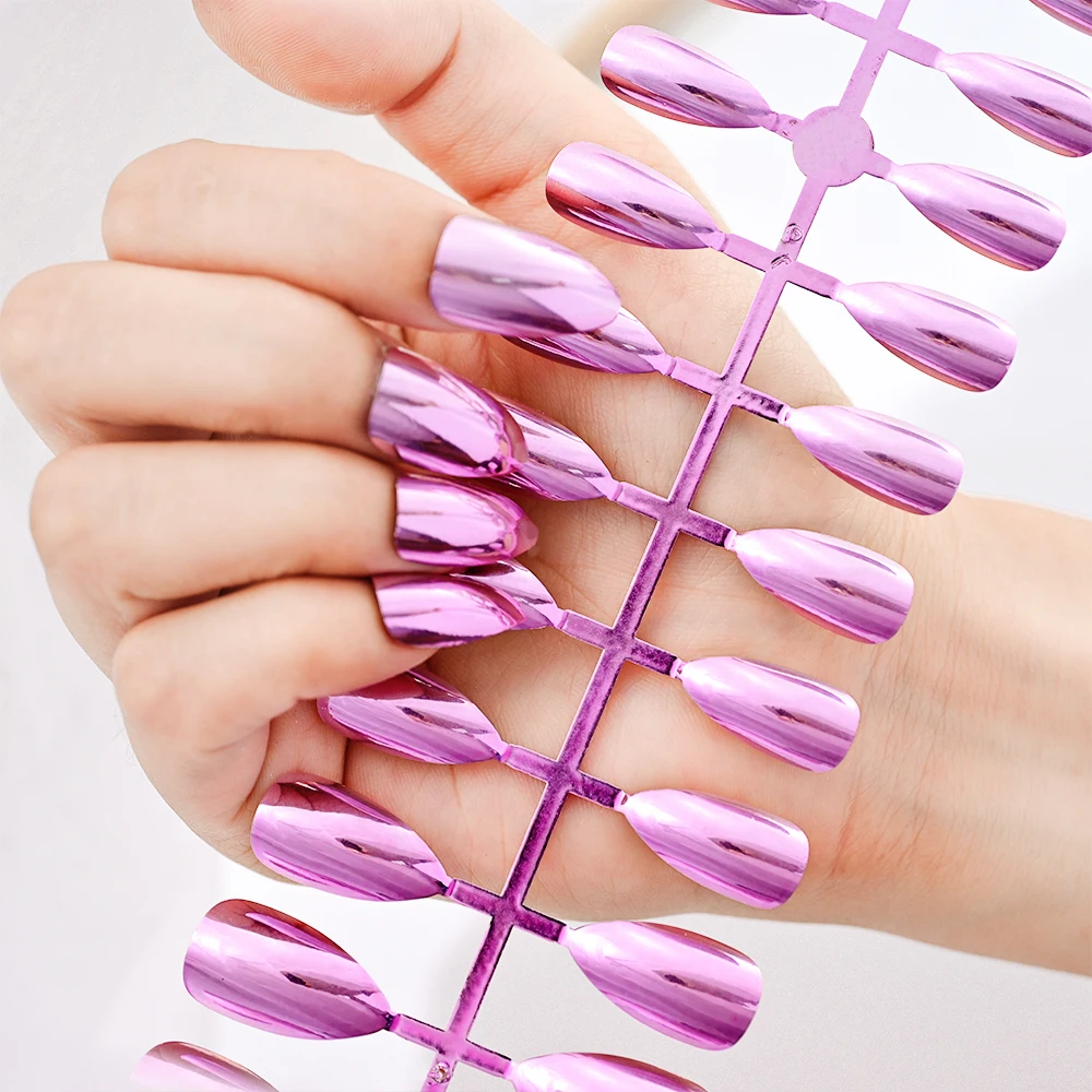 120 Stück Ballerina Sargnägel Spiegel Chrom Falscher Nagel Solide Reflexion Magischer Spiegeleffekt Grün Lila Acryl Künstliche Nägel Tipps Image