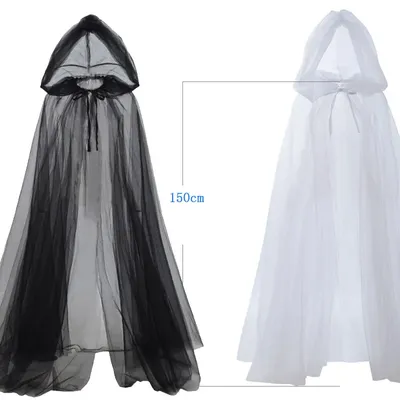 Mittelalterlichen Hexe Kostüm Elf Mantel Frauen Halloween Mit Kapuze Tulle Cape Cosplay Vintage Hochzeit Fee Outfit Image