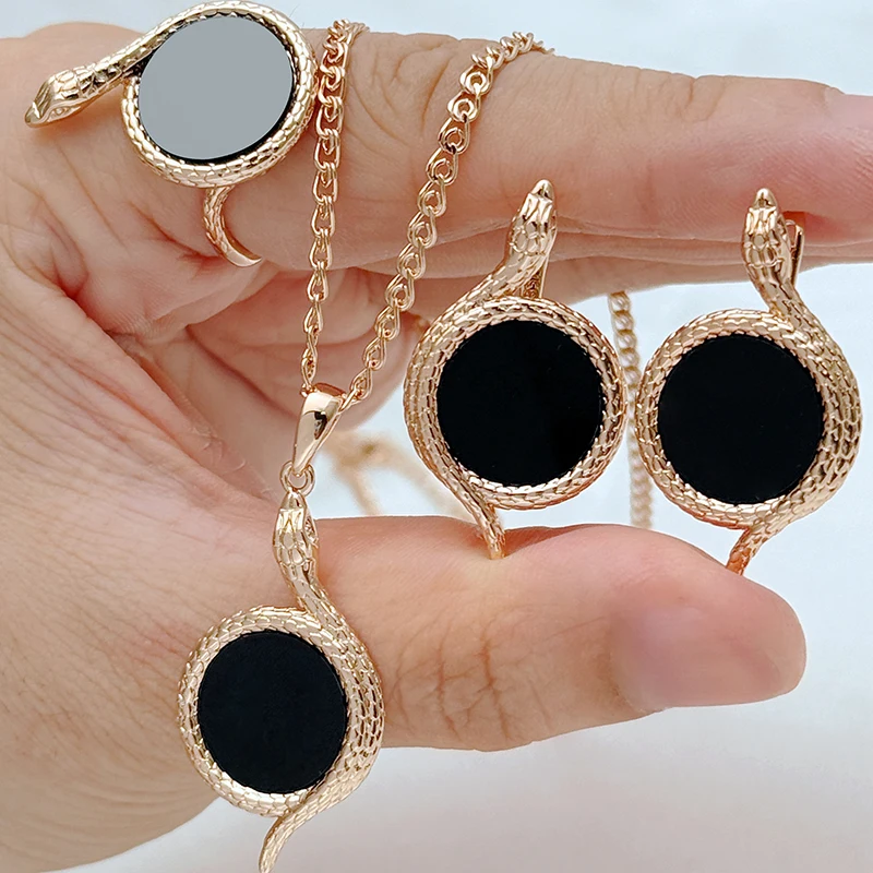 Kinel Heißer Vintage Schwarz Stein Schlange Ring Ohrringe Halskette Für Frauen Mode 585 Rose Gold Farbe Punk Tier Schmuck Stes
