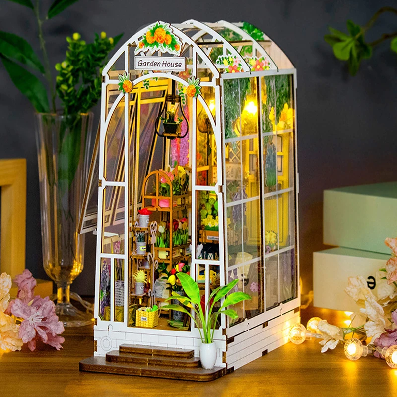 DIY Garten Haus Buchecke Regal Einsatz Miniatur Bausätze Holz Puppenhaus Blumengarten Zimmer Bücherregal mit LED-Leuchten