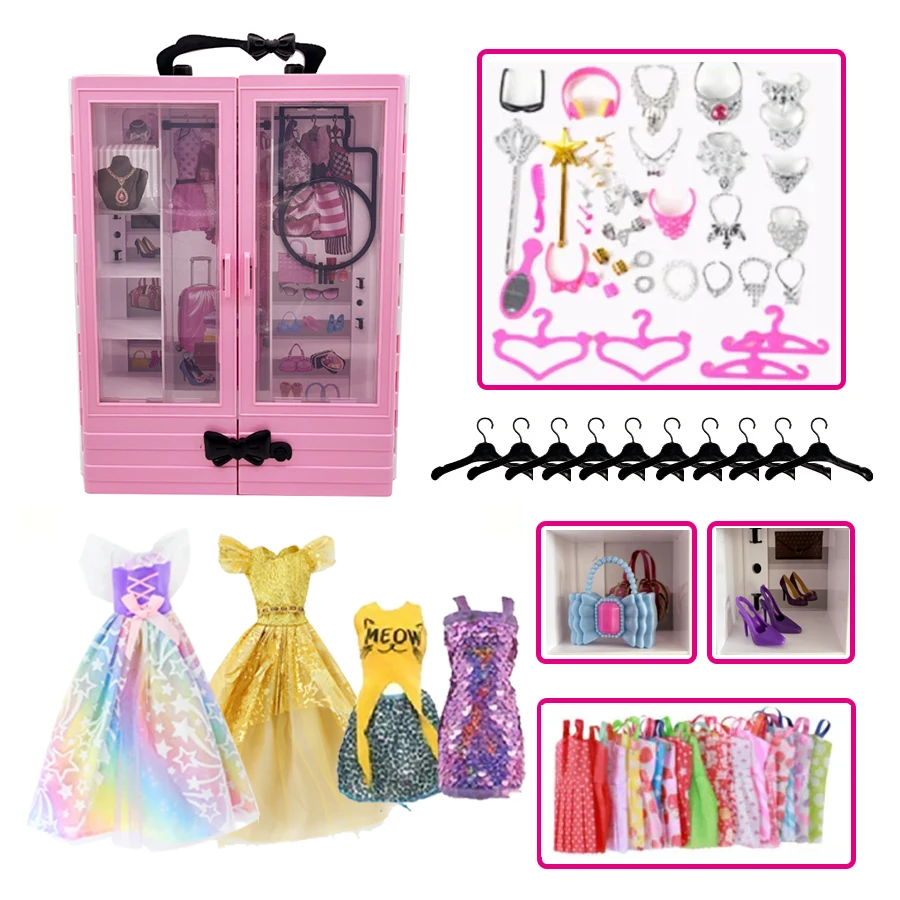75-teiliges Kleiderschrank-Set, tragbar, mit Puppenkleidung und Zubehör, Kleiderbügel, Kleider, Schuhe für 11,5 Zoll/30 cm große Puppen, modischer Stil, Spaß