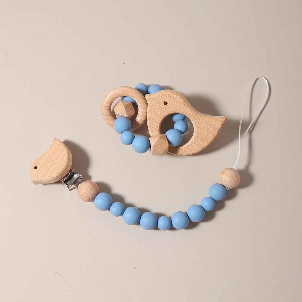 Neue Baby Schnuller Kette Clips Holz Vogel Beißring Silikon Runde Perlen Zahnen Kette Schnuller Kauen Spielzeug schnuller kette set Image
