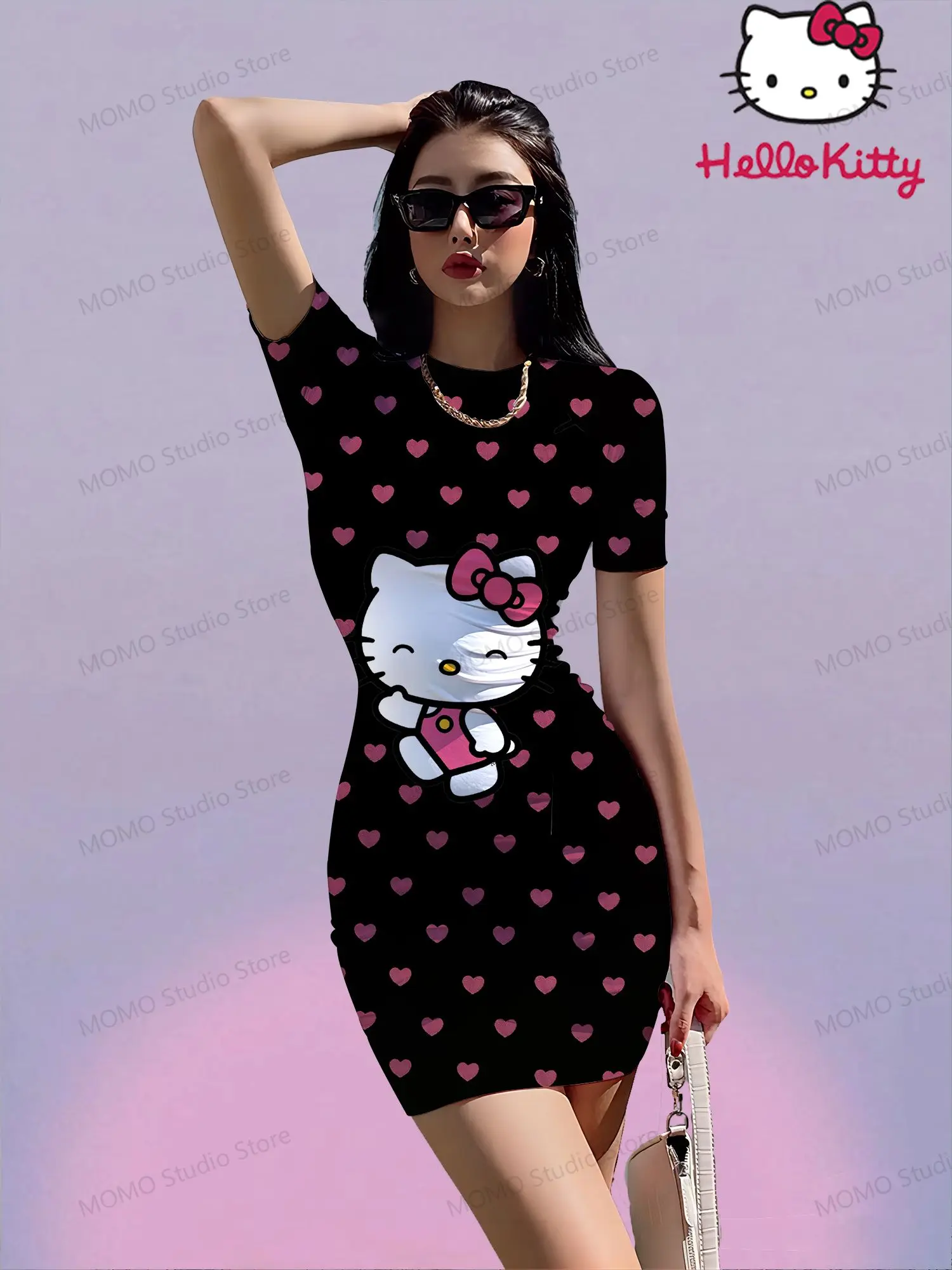 Kawaii Hello Kitty Damen-Kleid mit kurzen Ärmeln, S-3XL, O-Ausschnitt, Sanrio 2026, Kleider für junge Mädchen, Sommer, Y2k-Mode, neu, elegant