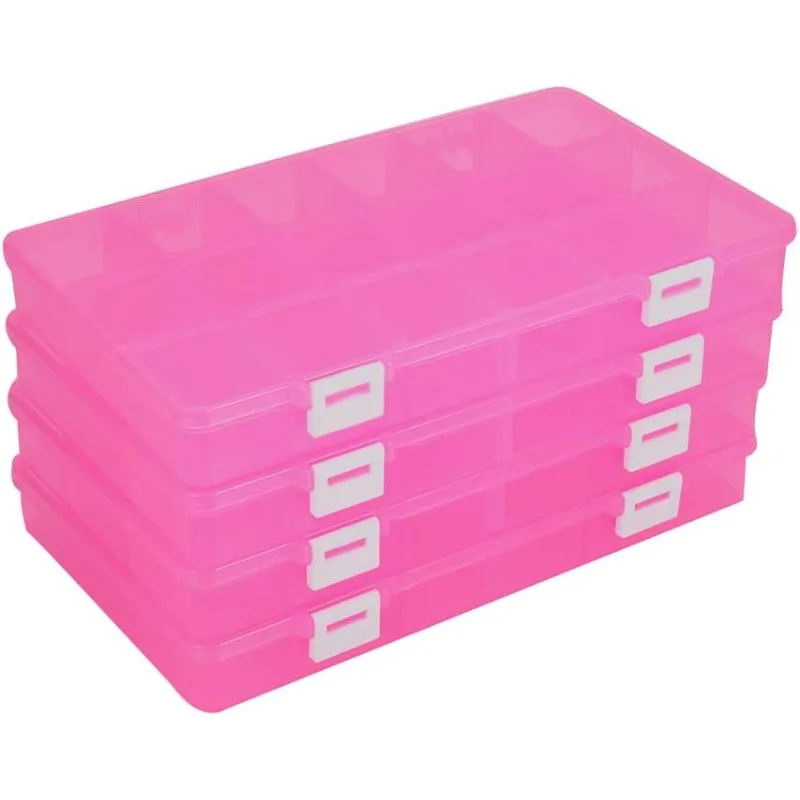 4er-Pack große rosa transparente Kunststoff-Aufbewahrungsbox mit 18 Fächern, Perlen-Organizer mit verstellbaren Trennwänden für Schmuckperlen, Werkzeuge, Basteln