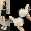 Damen-Hausschuhe, flauschig, sexy, mit Absatz, draußen, pelzig, weiß, transparent, Schuhe für Damen, Sandalen, Slides, offene Zehen, kleine Größe, B-Schuh