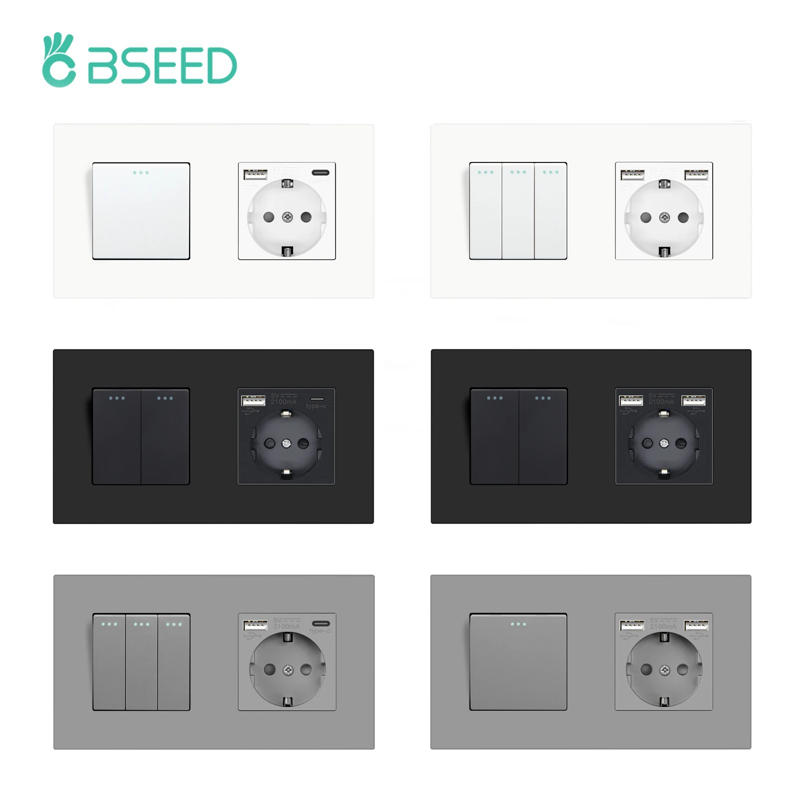 BSEED Mechanische Tastenschalter mit Steckdose, 1/2/3 Gang, 1-Wege-Kunststoffplatte, Steckdosen, USB Typ-C-Wandsteckdose, 16 A Image