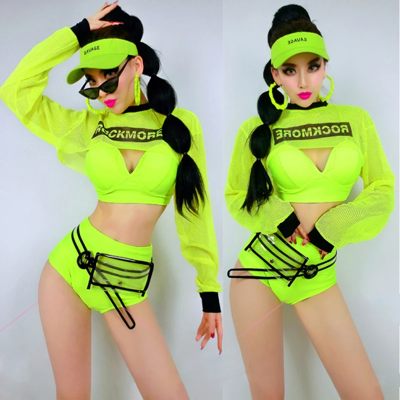 Jazz Dance Kostüm Weibliche Dj Gogo Tänzerin Outfits Grün Bikini Cropped Tops Hip-Hop Kleidung Für Frauen Bar Bühne kostüm DNV14903