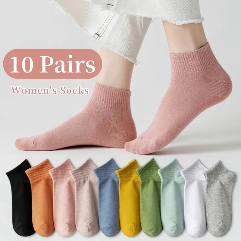 10 Paar Frauen Frühling oder Sommer vier Jahreszeiten solide Süßigkeiten Farbe einfach Modetrend Sport bequeme Socken Image