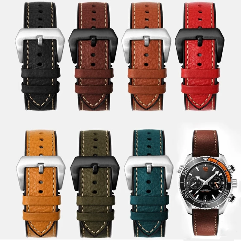 Für jede Marke Italienisches Rindsleder-Uhrenarmband 19 20 21 21 22 23 mm Grün Braun Blau Rot Herren-Fluorkautschuk-Armband