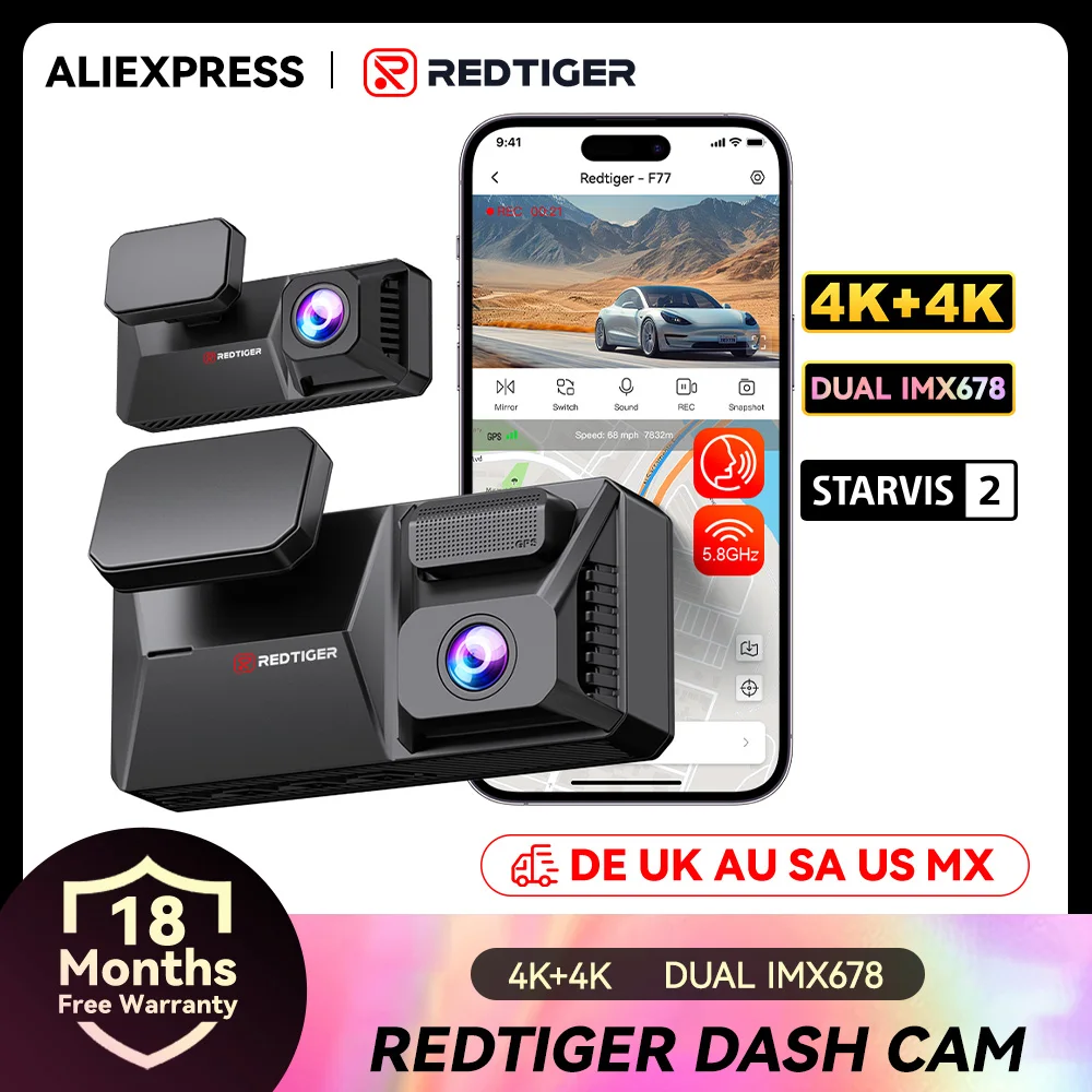 REDTIGER F77 Dashcam Vorne und Hinten 4K+4K HDR Dual Dash Cam STARVIS 2 Nachtsicht Sprachsteuerung Eingebautes 128G 5.8Ghz WLAN Image