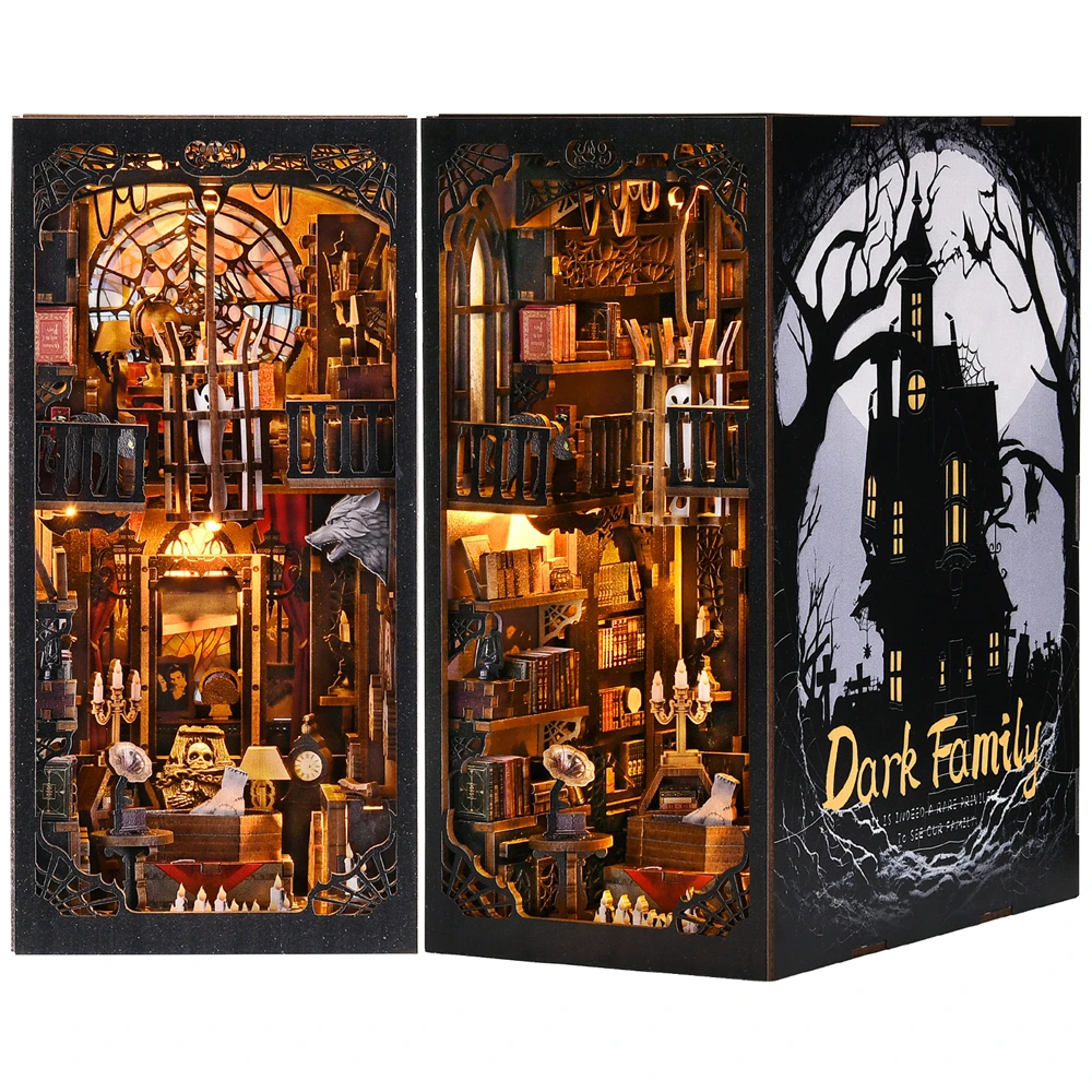 Book Nook Kit The Dark Family DIY Holzpuzzle Gothic-Stil Halloween Bücherregal Puppenhaus Modell Buchstütze Gebäude Zuhause Dezember