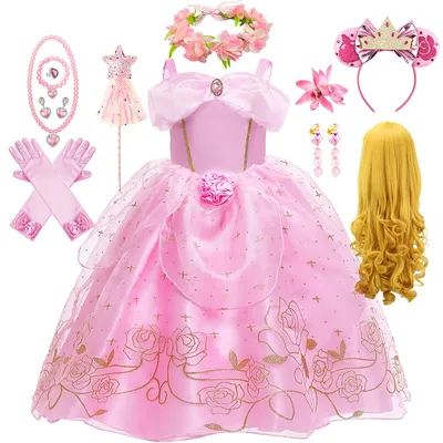 Aurora rosa Prinzessin Kleid Mädchen schlafen Schönheit Cosplay Kostüm Sommer Blumen Rose Print Schlinge Kleider 2-10 Jahre Kinder elegantes Kleid Image